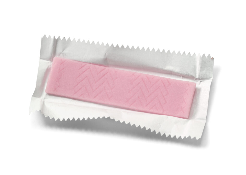 is chewing gum bad for you? this is a picture of gum in a wrapper that is unwrapped.